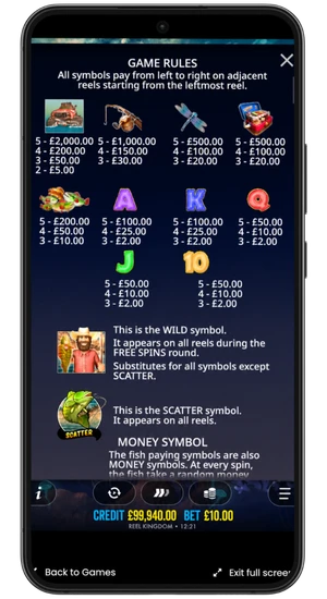 Big Bass Splash paytable with symbol values
